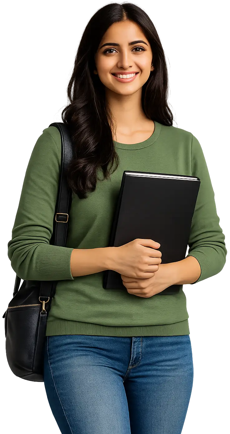 Person wearing a green sweater and blue jeans, holding a black folder, with a black shoulder bag.