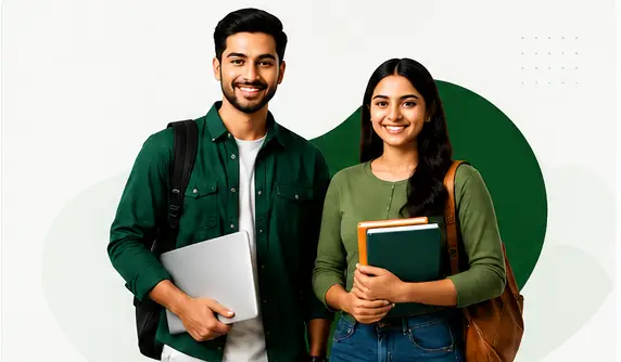 Two students with backpacks holding books and a laptop stand against a white and green abstract background.